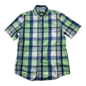 Chaps Mens M Blue Green Plaid Short Sleeve Cotton Blend Shirt Casual